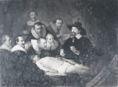 tableau représentant un groupe de personnes rassemblées autour d'un homme allongé sur un lit