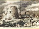an old picture of a ship in rough water with a windmill in the background
