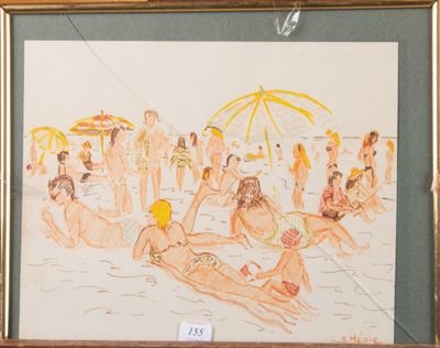 tableau représentant un groupe de personnes sur une plage avec des parasols