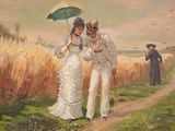 a painting of a man and a woman walking in a field