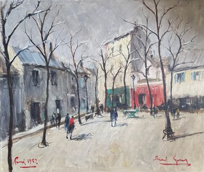 painting of a street scene with people walking and a dog on a leash