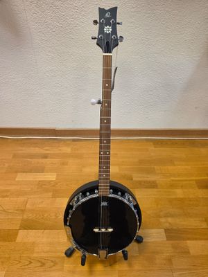 an image of a guitar on a stand on a hard wood floor