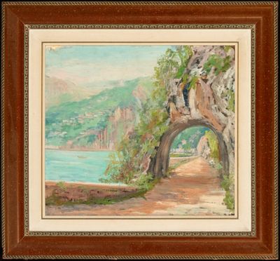 un tableau représentant un pont au-dessus d'une rivière, avec une montagne en arrière-plan