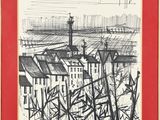 a black and white drawing of a city with a red frame