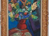 a painting of flowers in a red vase on a table