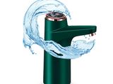 the green faucet with water splashing out of it is on a white background
