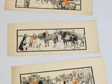 three old postcards of people riding horses and carriages on a street