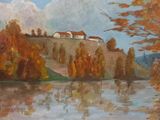 an oil painting of a house on a hill with a lake in the foreground