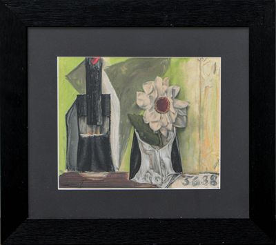 tableau représentant un vase de fleurs et une bouteille de vin posés sur une table