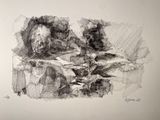 pencil drawing of a group of people sitting on top of a rock