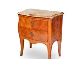 an image of a small wooden chest of drawers with marble top