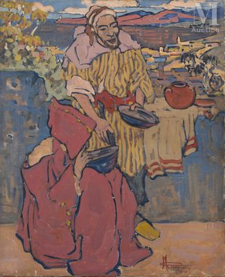 tableau représentant un homme et une femme assis à une table, entourés de casseroles et de poêles