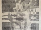un vieux dessin en noir et blanc représentant un homme assis à une table