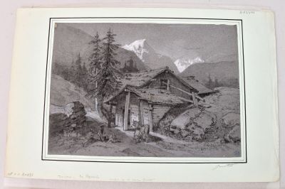 a picture of a picture of a cabin in the mountains
