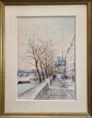 an image of a painting of a city street with a bridge in the background