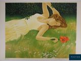 un tableau représentant une femme allongée dans l'herbe, entourée de fleurs