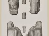 un vieux dessin en noir et blanc représentant une collection d'objets égyptiens