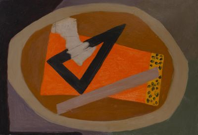 painting of a plate of food with a knife and fork on it