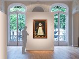 painting of a woman in a white dress standing in an empty room