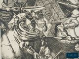 a black and white drawing of a group of people in a boat