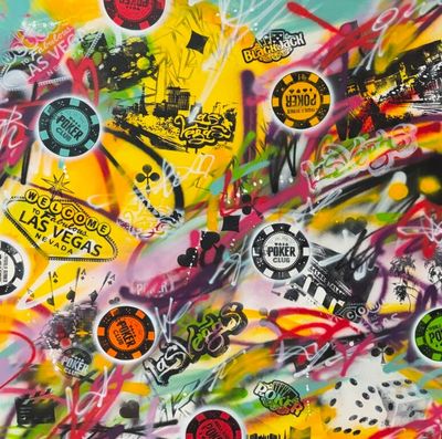 peinture représentant un tas d'autocollants sur un mur dans une pièce