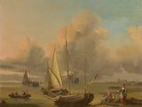 an oil painting of boats on the water with people on the shore