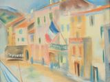 peinture au pastel représentant des bateaux dans un port, avec des bâtiments en arrière-plan