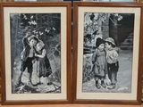 two black and white pictures of two children standing next to each other