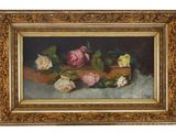 an oil painting of roses in a gold frame on a table