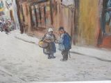 a painting of two people walking down the street