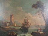 une image représentant un tableau où l'on voit un bateau sur l'eau près d'un château