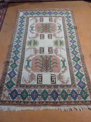 Tapis noué main, motifs géométriques, bleu vert et brun, 212…
