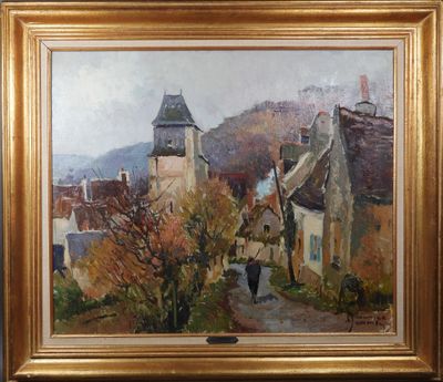 une peinture à l'huile représentant une rue de village avec une personne qui s'y promène