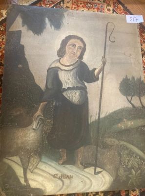 un vieux tableau représentant une femme avec un bâton et un mouton