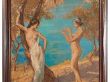 a painting of two women standing next to each other near a tree