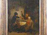un vieux tableau représentant un groupe d'hommes assis autour d'une table