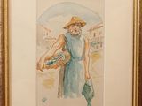 framed watercolor painting of a man with a hat and a bag