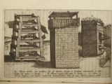 an old drawing of a building with a tower and a ladder