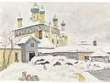 tableau représentant une église dans un paysage enneigé, avec un oiseau qui passe en vol