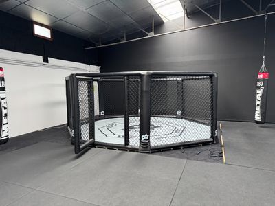 a cage in the middle of a gym with a punching bag