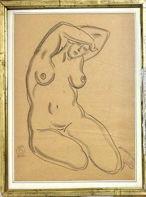 drawing of a nude woman sitting in a chair with her hands on her head