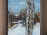 une peinture à l'huile représentant un paysage enneigé avec des arbres au premier plan