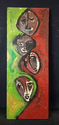 tableau représentant un groupe de personnes aux visages se détachant sur un fond rouge et vert