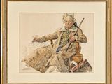 painting of a man sitting in a chair with a bird on his shoulder