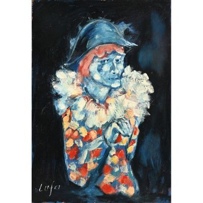 a painting of a clown holding a bunch of flowers in his hands