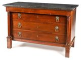 a wooden chest of drawers with a marble top