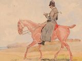 tableau représentant un homme à cheval dans un champ, avec le ciel en arrière-plan