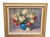 a painting of flowers in a blue vase on a table
