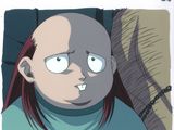 cartoon drawing of a woman with red hair and a bald head