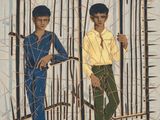 un tableau représentant deux hommes dans une cage, accroché au mur